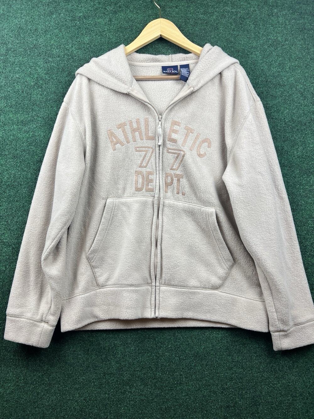 Bugle Boy Beige Fleece Full Zip Hoodie Graphic Print Pockets Men's M